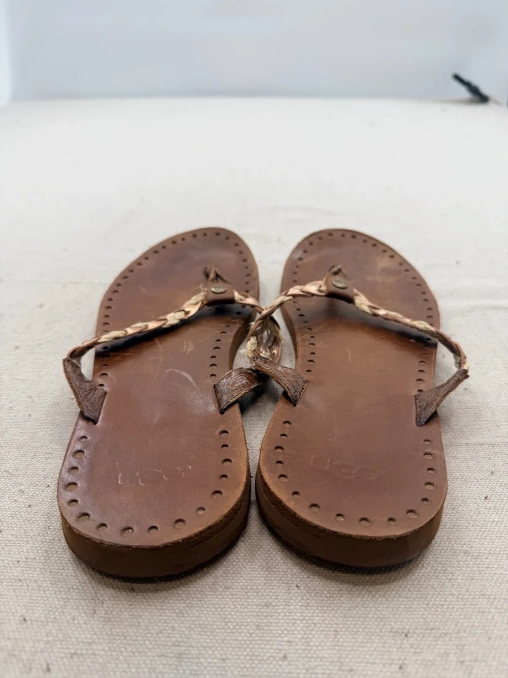 UGG Brown Braided Leather Thong Sandals with Tan Accents